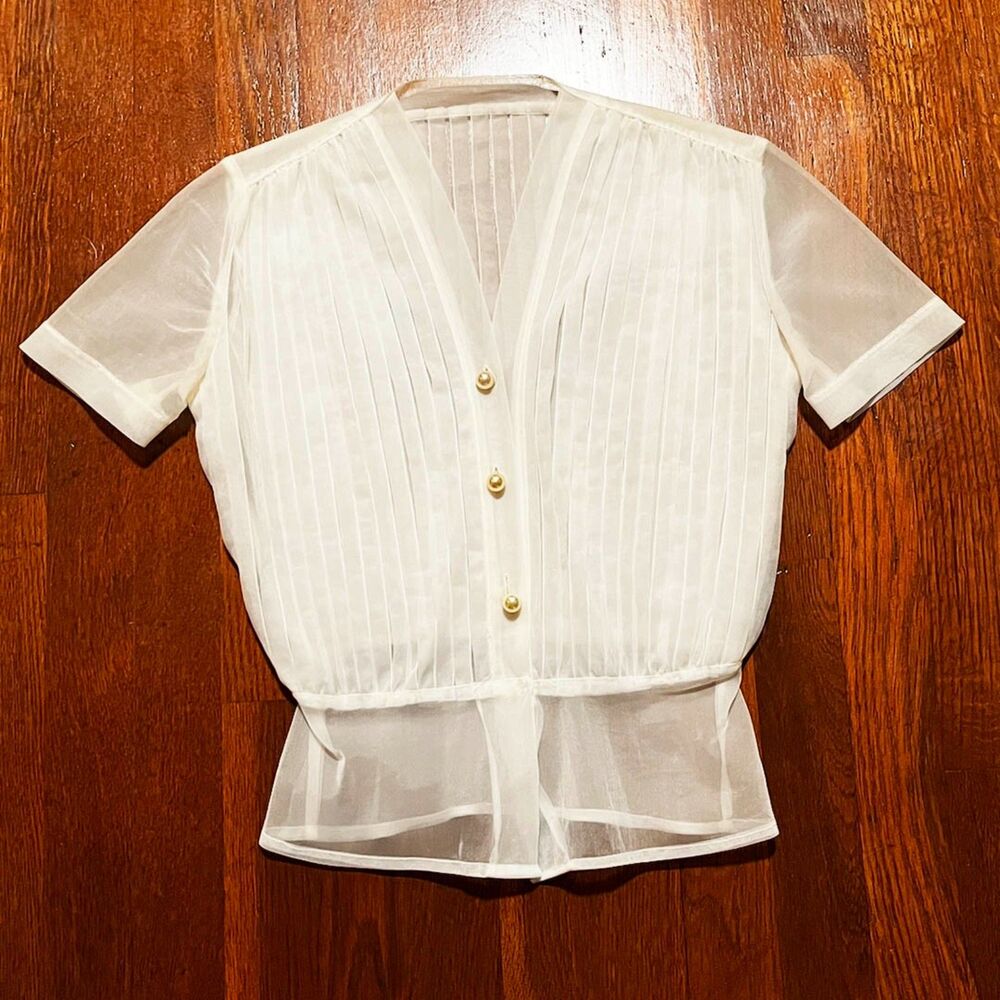Vintage Sheer White Blouse Pleated Pearl Button Short Sleeve Small